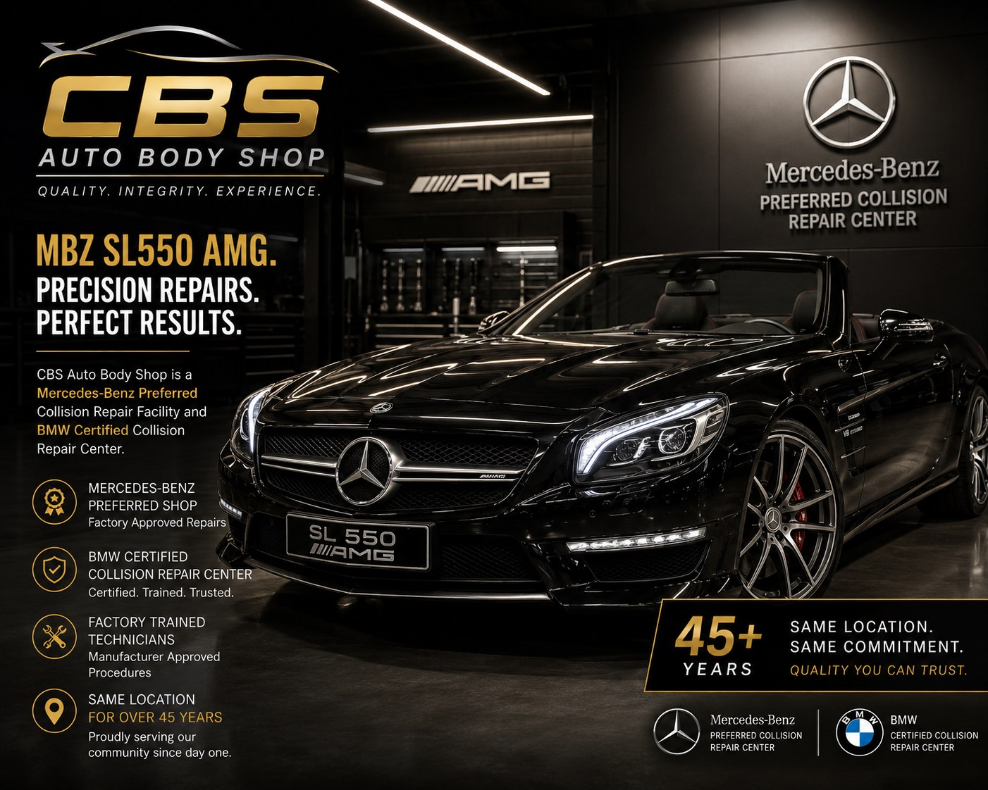 CBS Auto Body certification card showing Mercedes-Benz Preferred and BMW Certified Collision Repair Center status